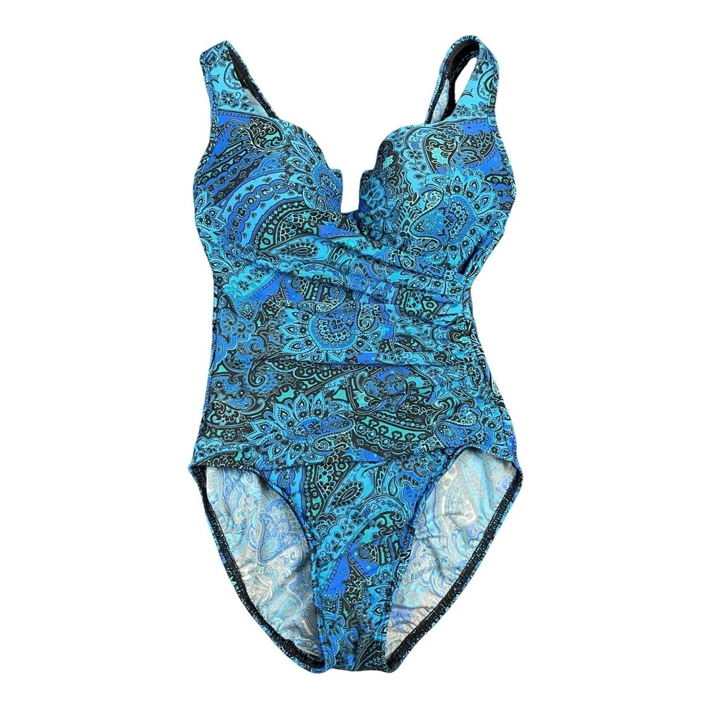 Miraclesuit Womens Blue Oceanus Paisley Padded Stretch One Piece Swimsuit S 6/8
